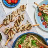 Weeknight Spaghetti with Lemon Pesto Scallop Skewers Recipe