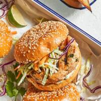 Slaw-Topped BBQ Fish Burgers with Jalapeño-Lime Aioli - Isolated Close-Up