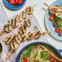 Weeknight Spaghetti with Lemon Pesto Scallop Skewers Recipe
