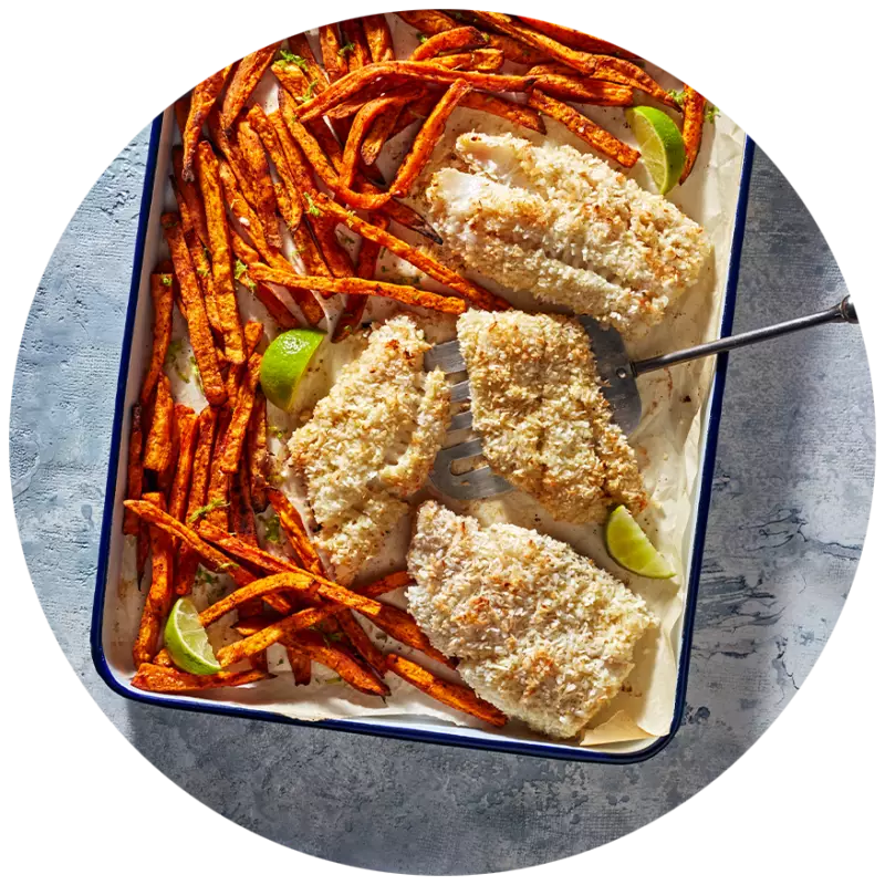 Sheet Pan Coconut-Crusted Cod and Chili-Lime Sweet Potatoes