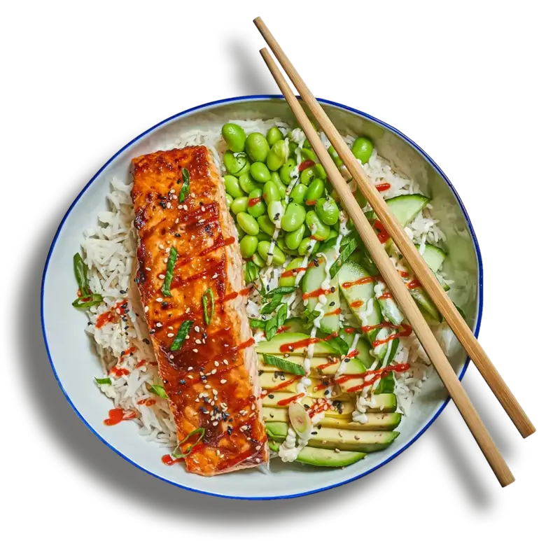 Teriyaki Salmon Poke Bowl with Chopsticks - Isolated